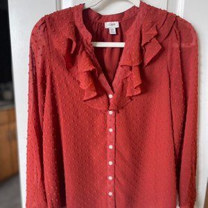 J. Crew Burgundy Red Polka Dot Ruffle Long Sleeve Pullover Blouse XS